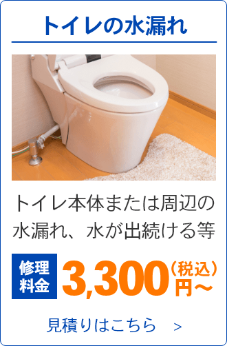 トイレの水漏れ。トイレ本体または周辺の水漏れ、水が出続ける等