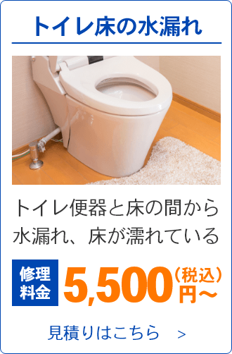 トイレ床の水漏れ。トイレ便器と床の間から水漏れ、床が濡れている